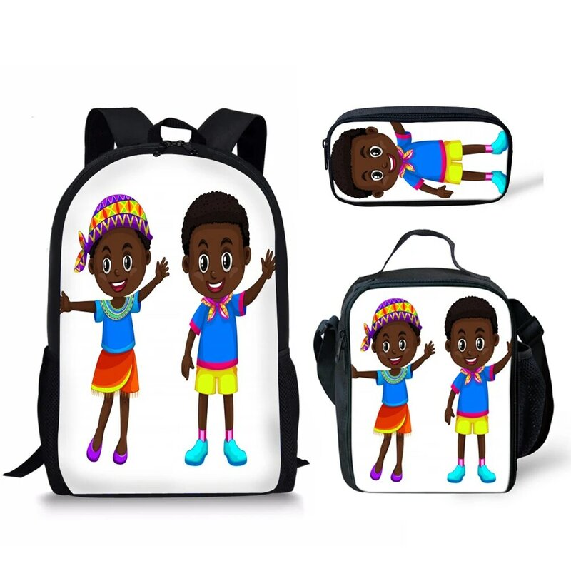 Classic African Black Boys 3D Print School Bag, mochila de pupilo, mochila portátil, lancheira, estojo de lápis, novidade clássica, 3pcs por conjunto