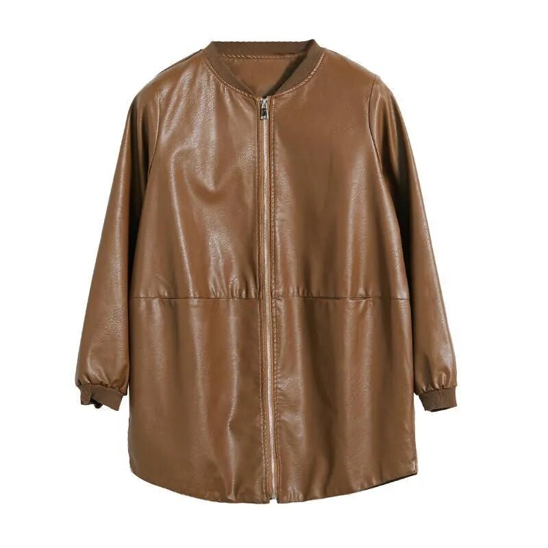 Jaqueta de couro meio longa para mulheres, corta-vento solto, uniforme de beisebol, elegante corta-vento, moda coreana 6XL, nova, outono e inverno