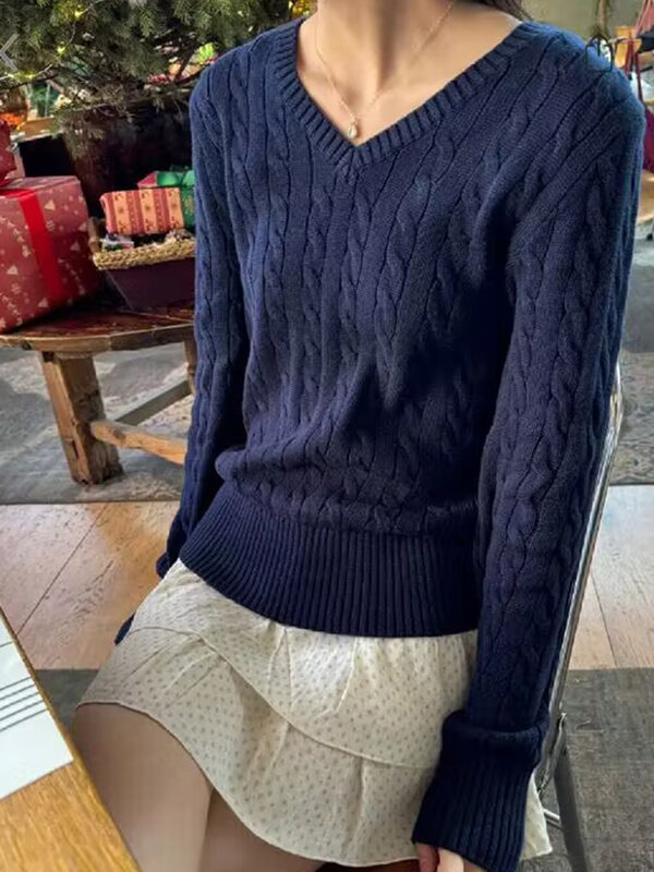 Sweter rajut leher V bunga Pilin untuk wanita, atasan pullover ramping lengan panjang katun musim semi Vintage warna polos