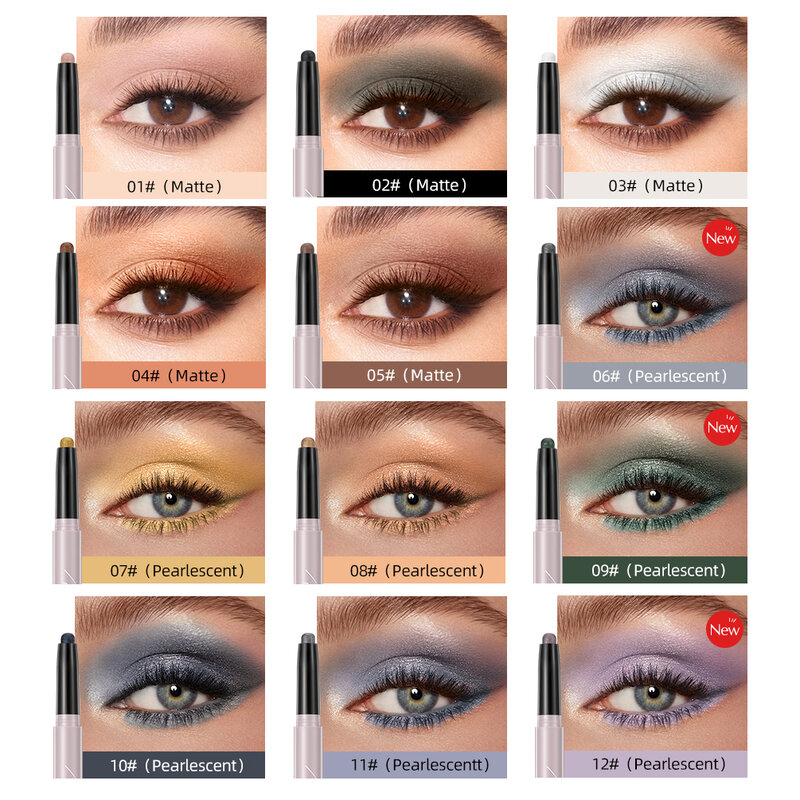 12 Colors Pearlescent Eyeshadow Eyeliner Pencil Waterproof Glitter Matte Nude Eye Shadow Makeup Pigment Silkworm Eyeshadow Pens