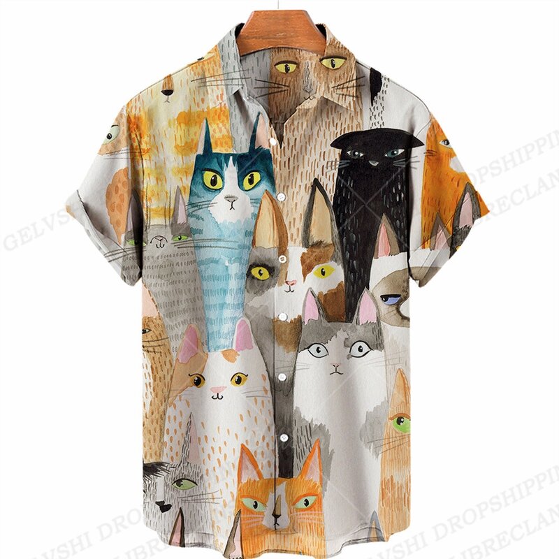 男性と女性のための3DプリントされたハワイアンTシャツ,ビーチのブラウス,休暇のブラウス,動物の服,猫の形,ファッショナブル,夏