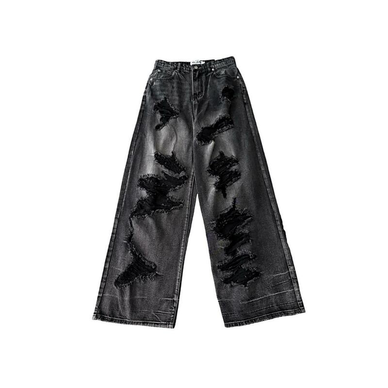 Vintage Hole Jeans High Waist Denim Pants Women Fashion Loose Wide Leg Straight Pants Y2k Washed Streetwear Female