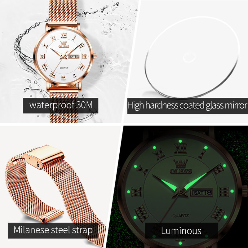 OLEVS Women's Watches Light Luxury Fashion Original Quartz Female Wristwatch Waterproof Stainless Steel Mesh Strap Date Week