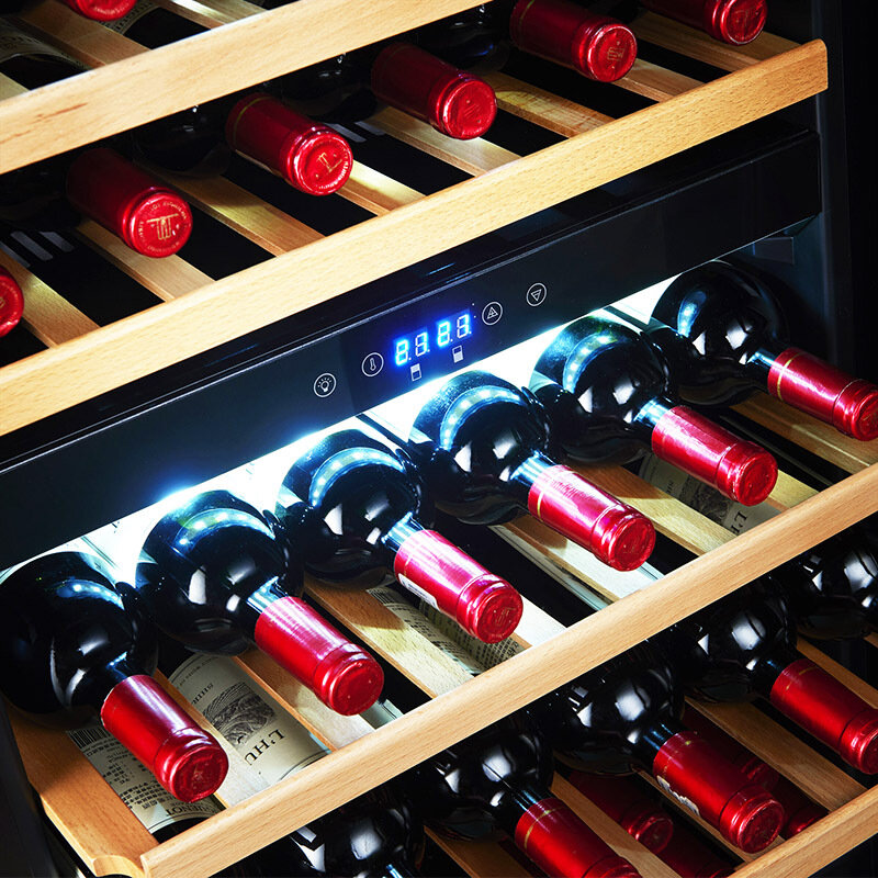 ชั้นวางไวน์แดงอุณหภูมิคงที่ตู้เก็บไวน์ที่บ้านตู้เก็บไวน์แบบคู่อุณหภูมิสแตนเลสทั้งหมด