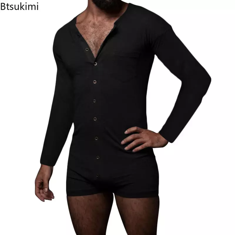 Nowe 2024 męskie zestawy seksowna piżama casualowe jednoczęściowe męskie z długim rękawem jednolity kombinezon jednorzędowy bielizna nocna męska bielizna nocna
