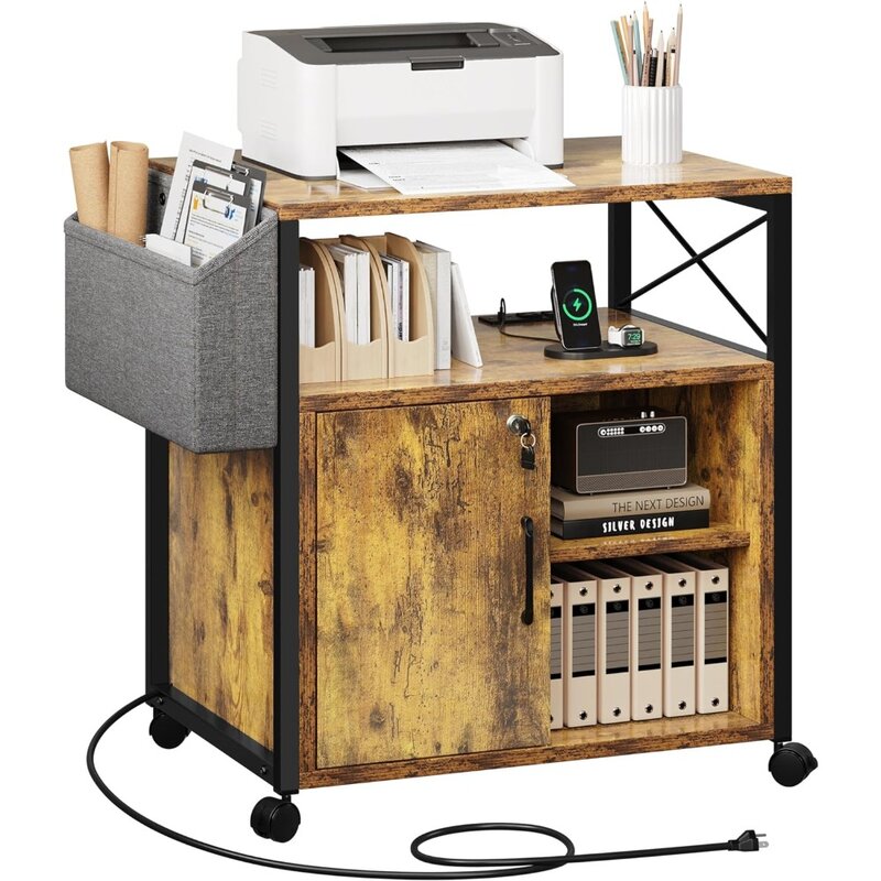 Dudukan Printer kayu dengan lemari arsip penyimpanan kabinet arsip mengunci untuk rumah kantor samping saku hitam ongkos kirim gratis