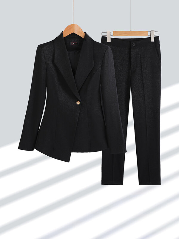 Women Suits Spring Autumn Elegant Temperament Slim Female Blazer Sets Notched Single Button Irregular Coat+Pencil Pants 2pcs