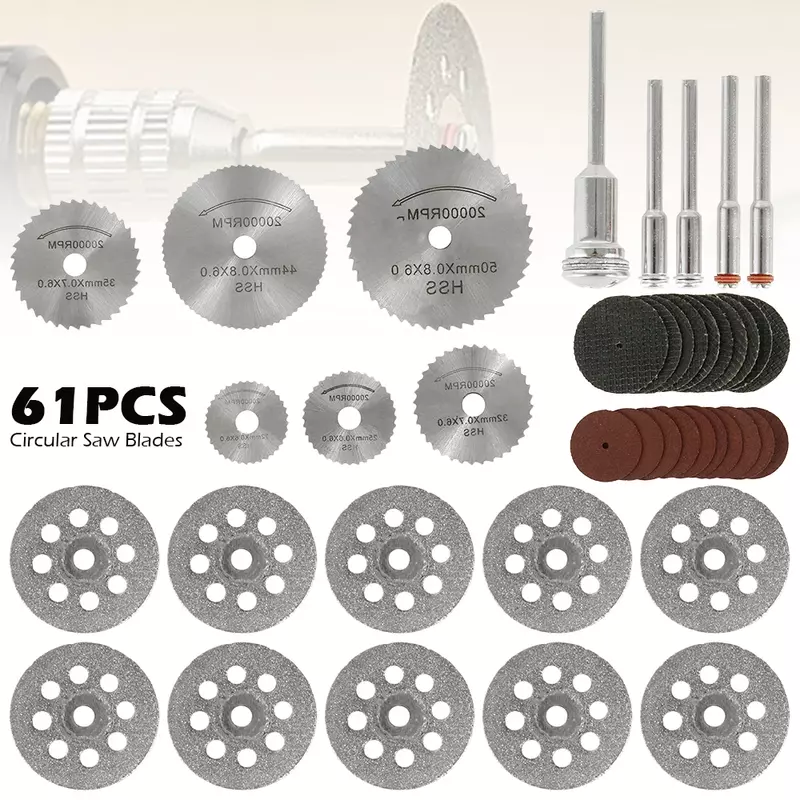 61 pezzi dischi per ruote da taglio HSS utensile da taglio diamantato tagliare lame per seghe circolari Kit di dischi tagliati in resina accessori per utensili rotanti