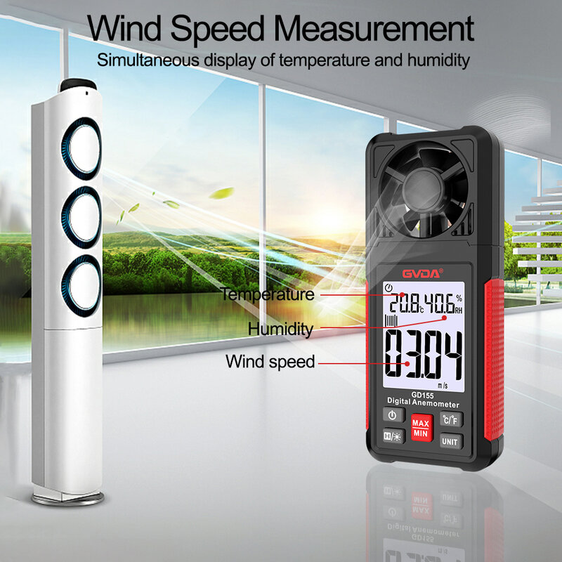 مقياس شدة الريح الرقمي GVDA مقياس سرعة الرياح المحمولة مقياس سرعة الهواء مقياس سرعة الرياح LCD الخلفية عرض درجة الحرارة الرطوبة متر