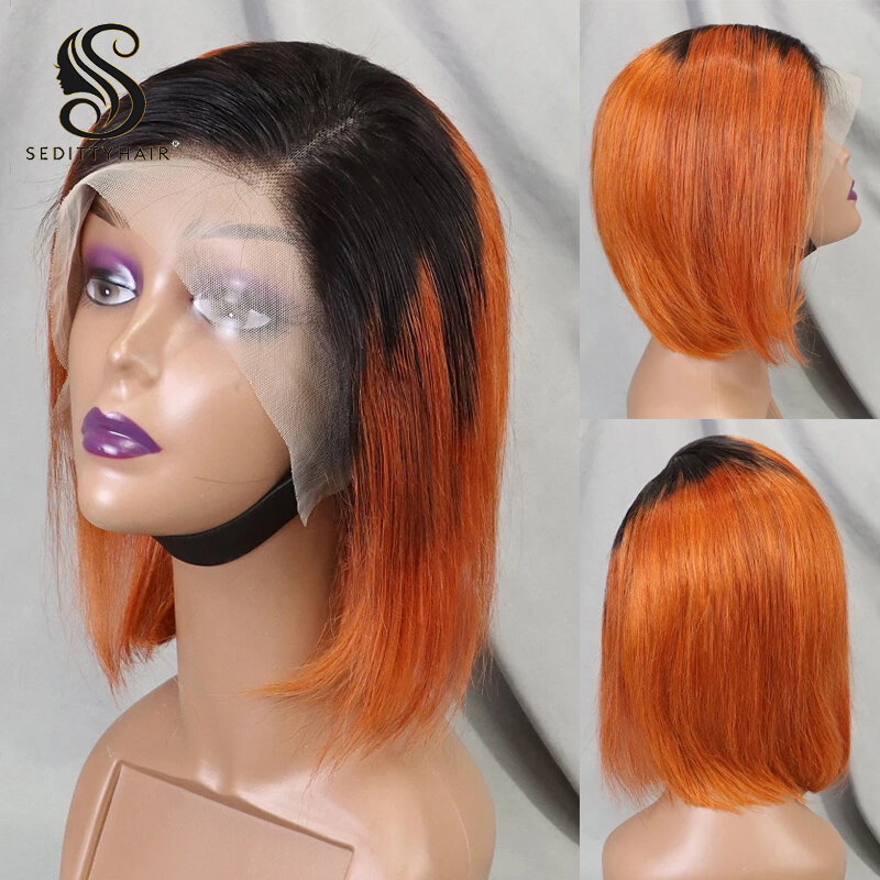 Lace Front Human Hair Wig Dark Roots Pixie Cut Ginger Wig Transparent 13X4 Lace Front Short Straight Human Hair Wig Ombre Ginger