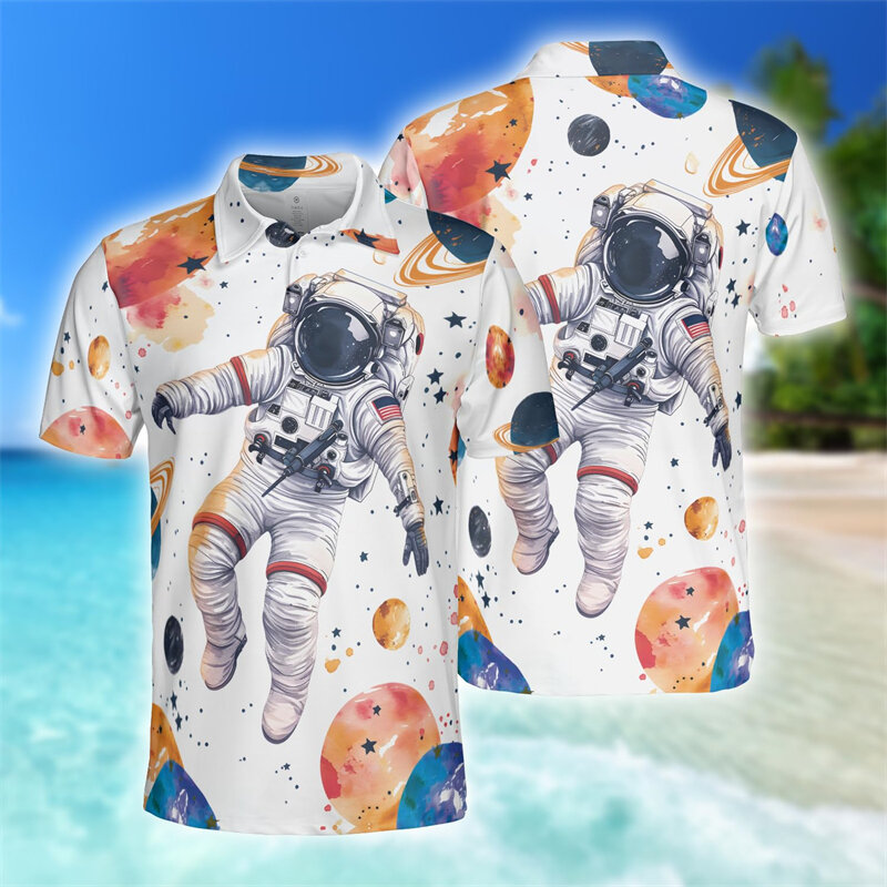 Cartoon Graffiti Astronaut Graphic Polo Shirts For Men Clothes Harajuku Fashion Space POLO Shirt Hip Hop Male Short Sleeve Tops