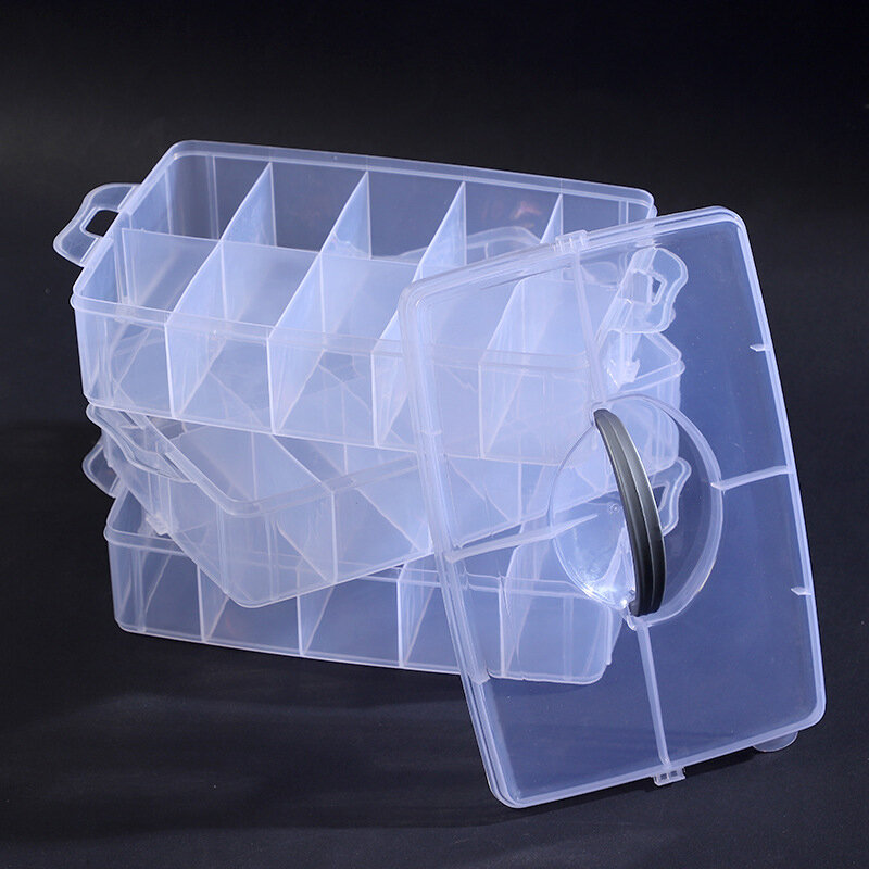 Boîte à bijoux empilable en plastique transparent, 3 couches, étui de rangement, conteneur avec supports de synchronisation réglables, 30 grilles