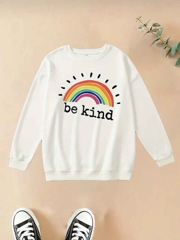 Fashion Trend Casual Sweatshirt Women's T-Shirt Rainbow Print Long Sleeve Round Neck Versatile Top Long Sleeve
