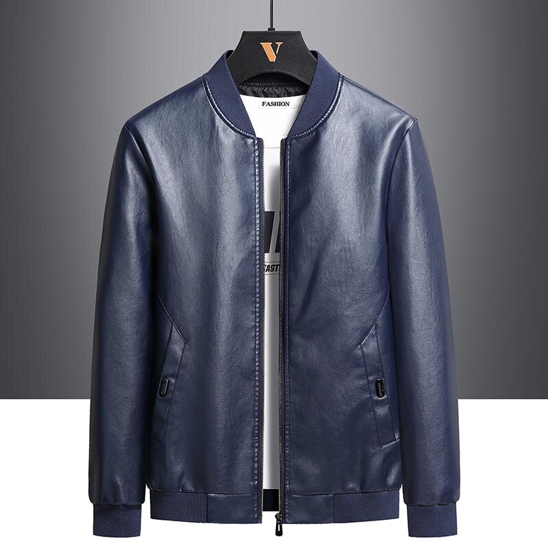 Jaqueta casual de PU masculina, colarinho à prova de vento, casaco com zíper, top retrô, preto, bolso de motocicleta, piloto, elegante