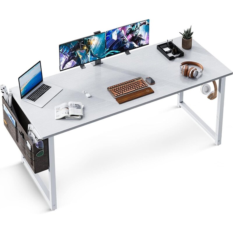 55 polegadas computador escrivaninha, mesa de trabalho resistente, com saco de armazenamento e gancho auscultadores, perna branca e branca