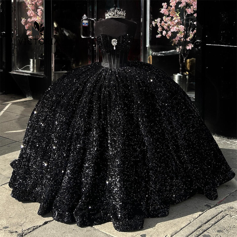 مشد ترتر أسود فستان Quinceanera ، ثوب الكرة ، تصميم أحجار الراين الفضية ، عيد ميلاد حلو 15 ، 18