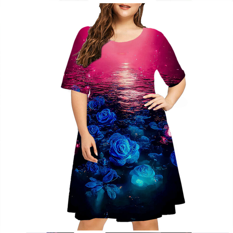 Tie Dye wzór płomienia damska sukienka z krótkim rękawem letnia luźna sukienka elegancka modna casualowe w stylu Streetwear nadruk 3D Plus Size