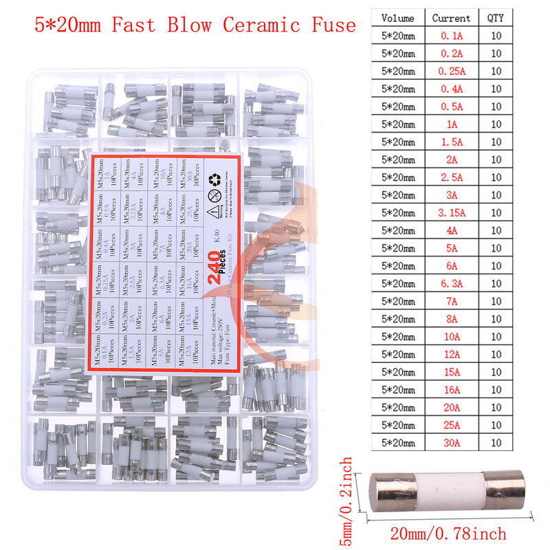 Fusible de vidrio lento y rápido, kit de mezcla de cable de plomo, 12V-250V, 0.1A, 0.25A, 0.5A, 1A, 2A, 2.5A, 3A, 3.15A, 4A, 5A, 6A, 6,3a, 8A, 10A, 15A, 16A, 20A, 30A
