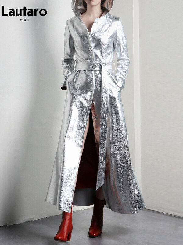 Lautaro Frühling Herbst Extra Lange Kühlen Silber Shiny Reflektierende Pu Leder Graben Mantel für Frauen mit Kapuze Luxus Landebahn Mode