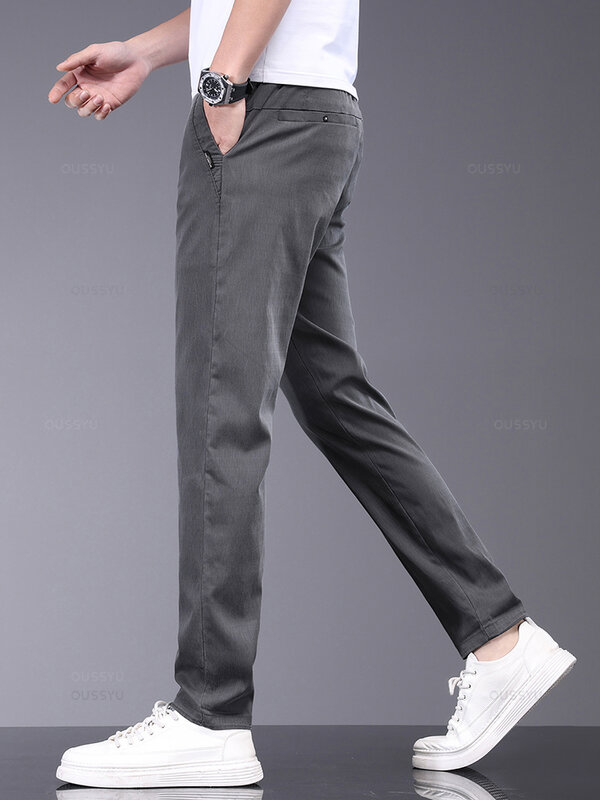 Marka OUSSYU wiosenna letnia miękka rozciągliwa tkanina Lyocell codzienne męskie spodnie cienkie, wąskie, elastyczne spodnie biznesowe, Grey, męskie