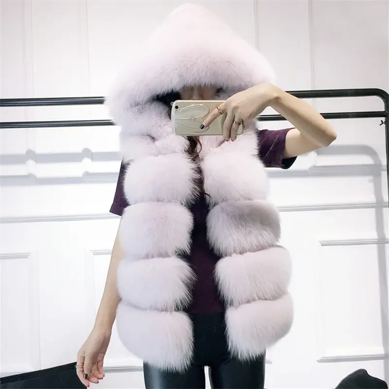 Mouwloos Nepbont Vest Winter Casual Bovenkleding Dames Effen Nep Vossenbont Capuchon Overjassen Voor Dames 2023 Mode Bontvest Femme