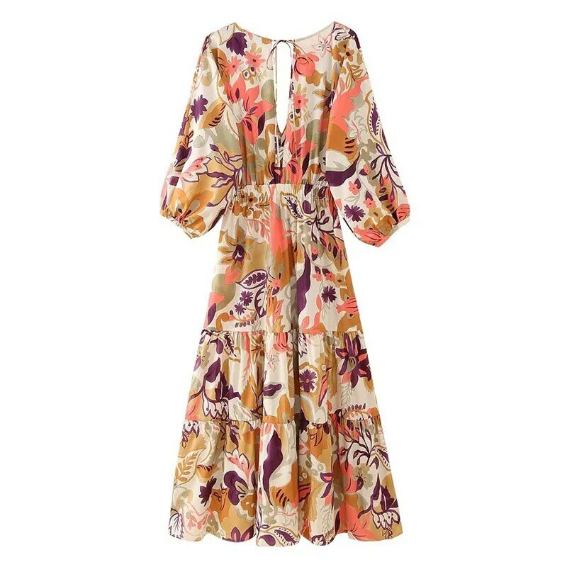 Vintage Casual moda damska z nadrukiem kwiatowy dekolt w szpic sukienka bez pleców wiązana 2024 wiosennych i letnich wakacyjnych sukienek plażowych