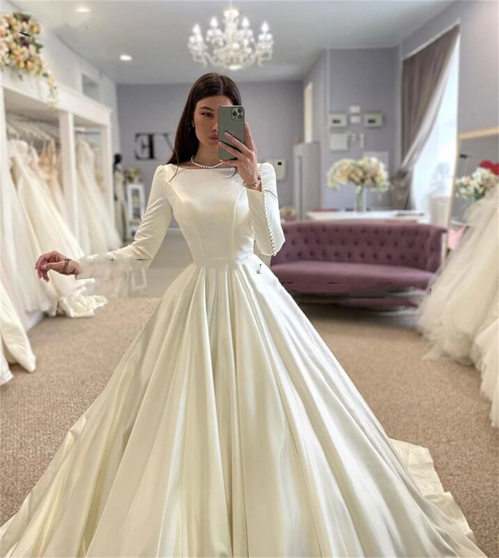 Wedding Dresses O-Neck A-Line Cap Sleeves With Buttons Bridal Gowns Princess Muslim Solid Bride Dress  Ivory Vestido De Novia