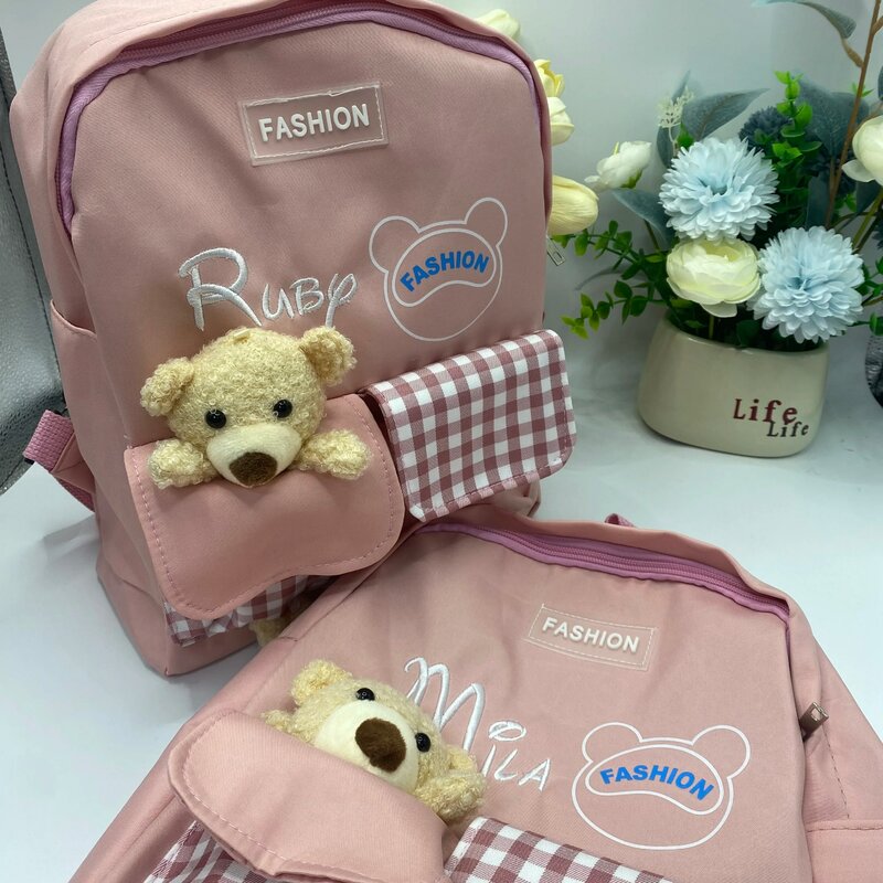 Сумка на плечо с милым медведем, индивидуальная Студенческая сумка с вышивкой имени, индивидуальный подарок для мальчиков и девочек, сумка для закусок, школьный портфель