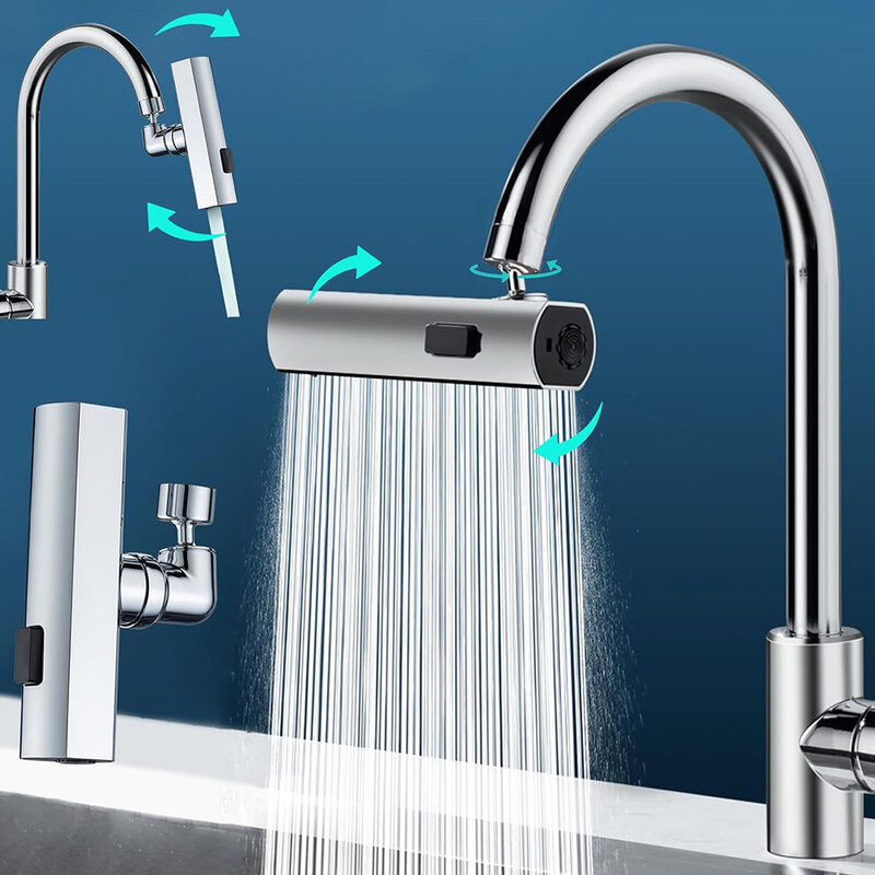 Anti Splashing Waterfall Faucet Head, Cozinha, Banheiro, Bocal multifuncional, Tap Sink, 360 Girar, Misturador quente e frio