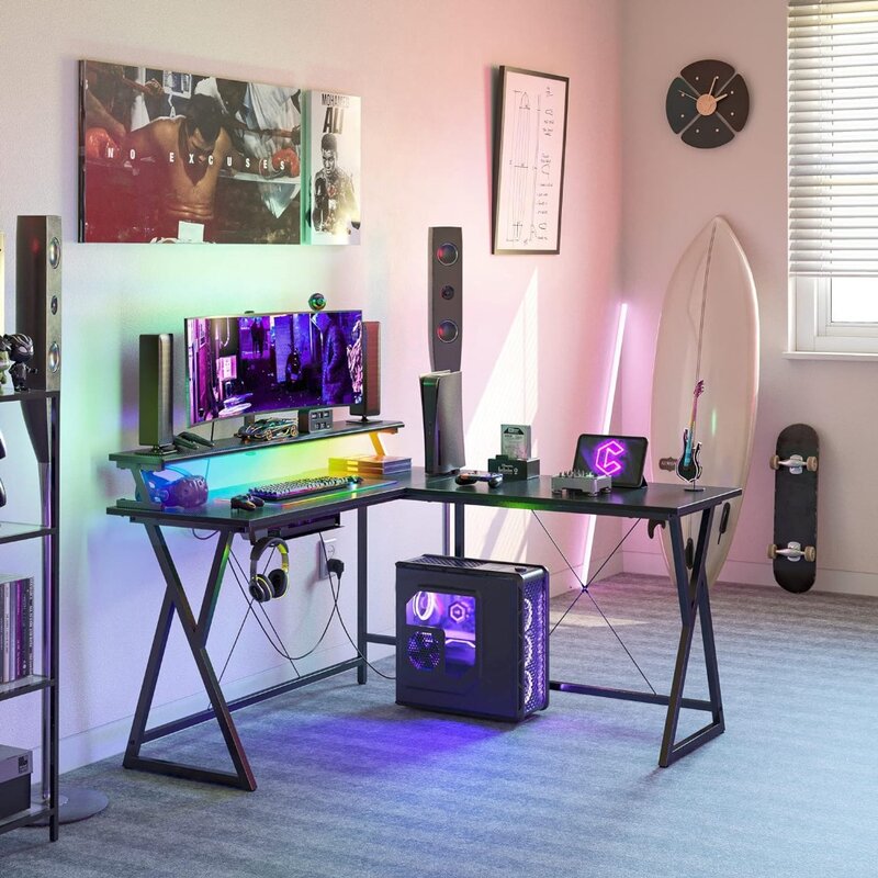 Gaming Corner Desk com faixa de LED e grande Monitor Stand, Ergonomic Gamer Tabela, L Forma, 51"