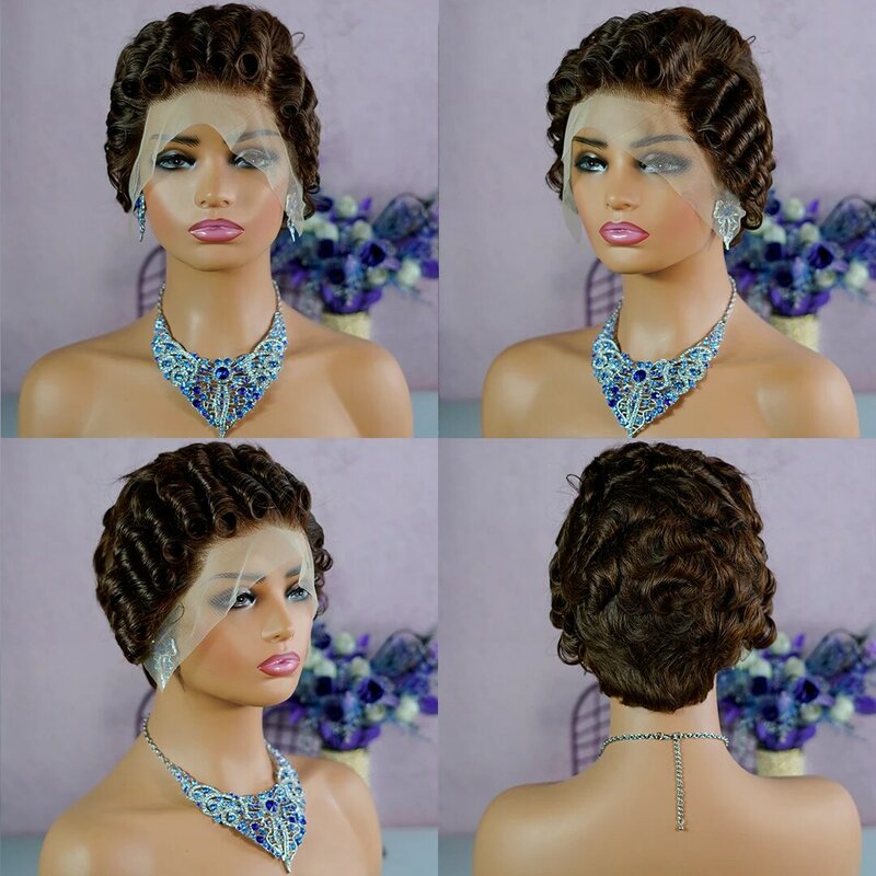 Koronkowe peruki z przodu z ludzkich włosów ciemnobrązowe krótkie kręcone fryzura Pixie Afro brazylijskie włosy Remy dla kobiet 13x4 koronkowa peruka bezklejowa
