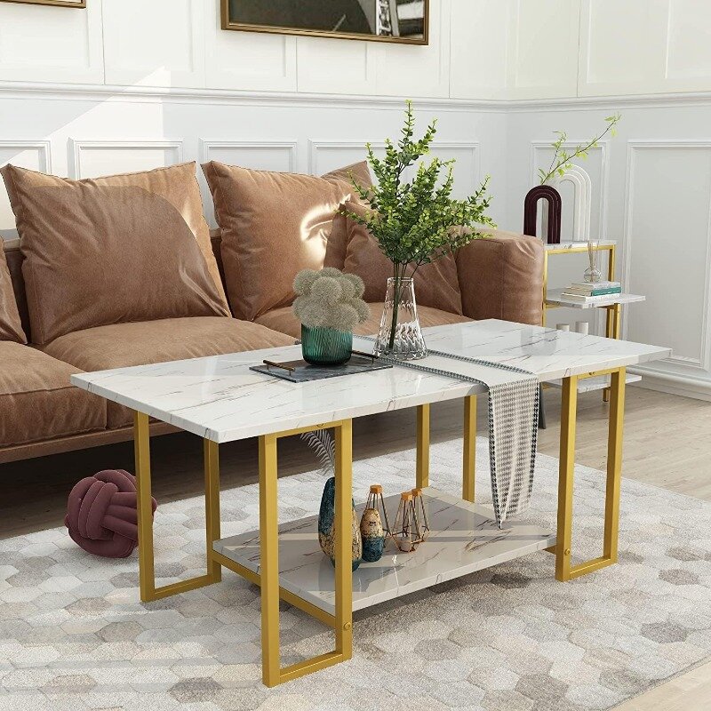 AWQM Faux Marble Coffee Table Set, Coffee Table &2 Side Table, Metal Frame, 3 Piece Living Room Table Sets Perfect
