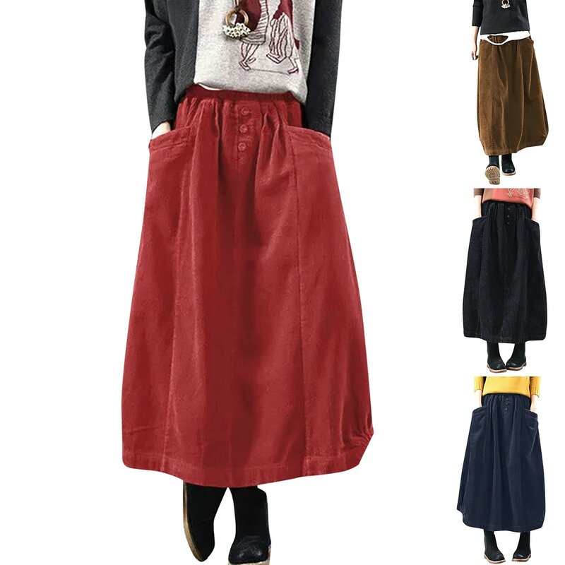 Autumn Winter Corduroy Skirt Women Vintage Midi Long Skirts Female Elastic Waist A-line Pleated Skirt Big Size Pleated Skirt