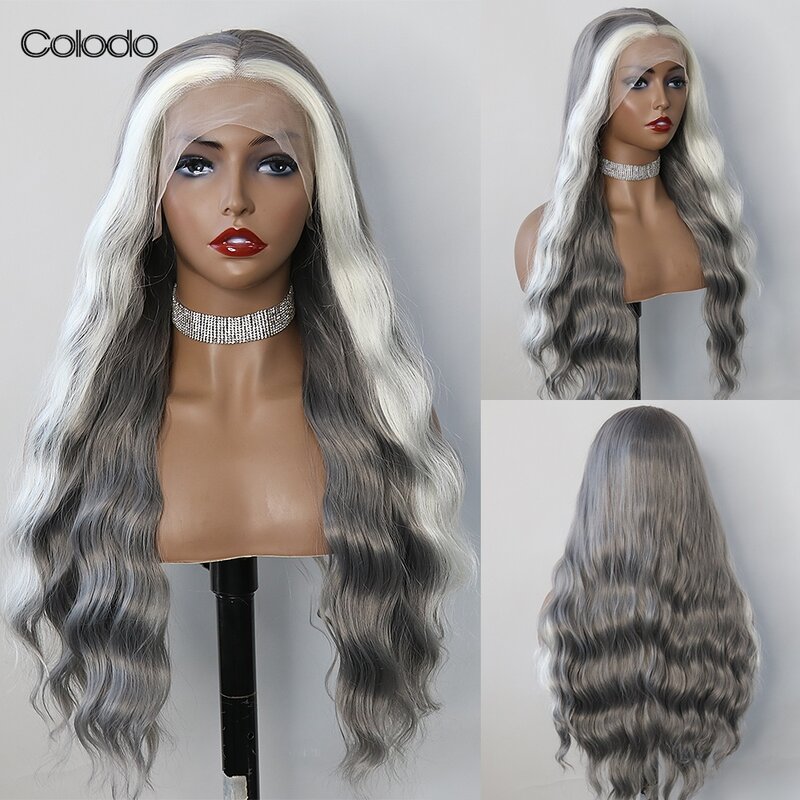 COLODO Wig sintetis renda depan wanita, Wig Cosplay Drag Queen tanpa lem, gelombang tubuh tinggi serat suhu putih abu-abu baru