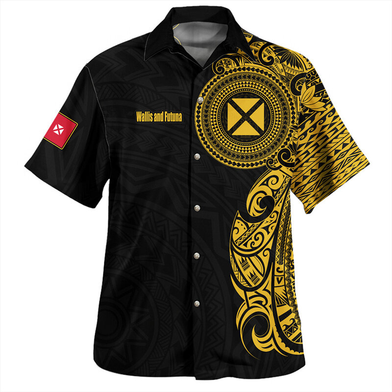 Camisas estampadas com a bandeira Wallis e Futuna 3D masculina, camisas curtas com emblema gráfico, top de roupas legais, Harajuku, novo, verão