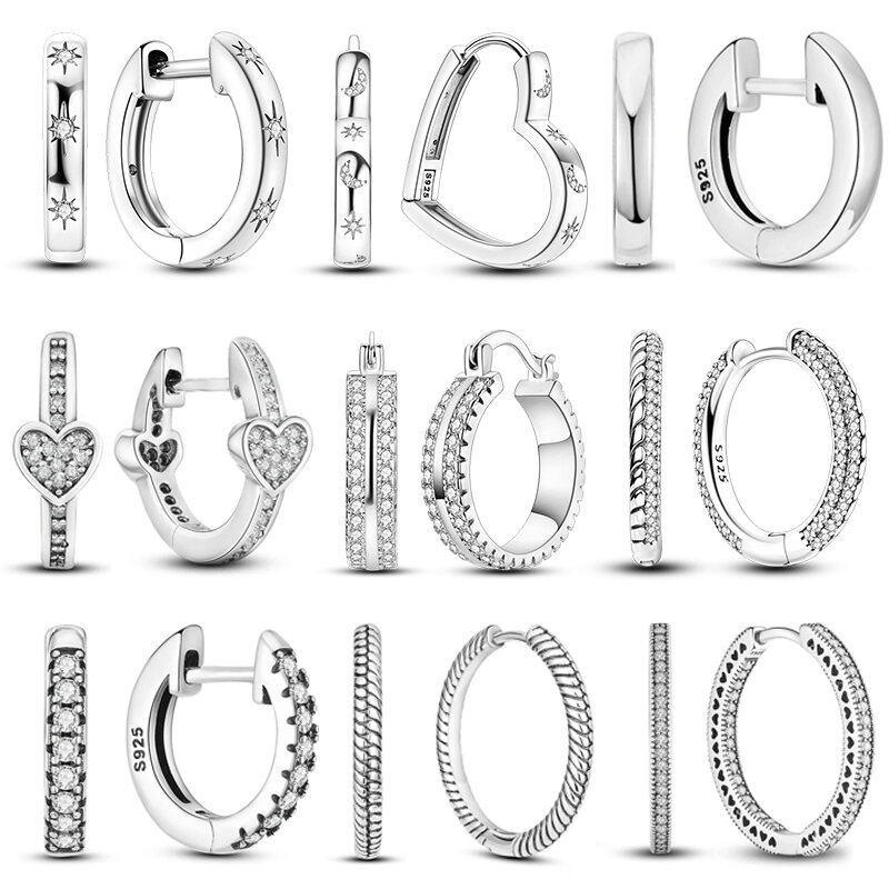 Brincos de argola duplos femininos, encantos de zircão cúbico, 100% 925 prata, coração, estrela, lua, joias elegantes, presentes de aniversário