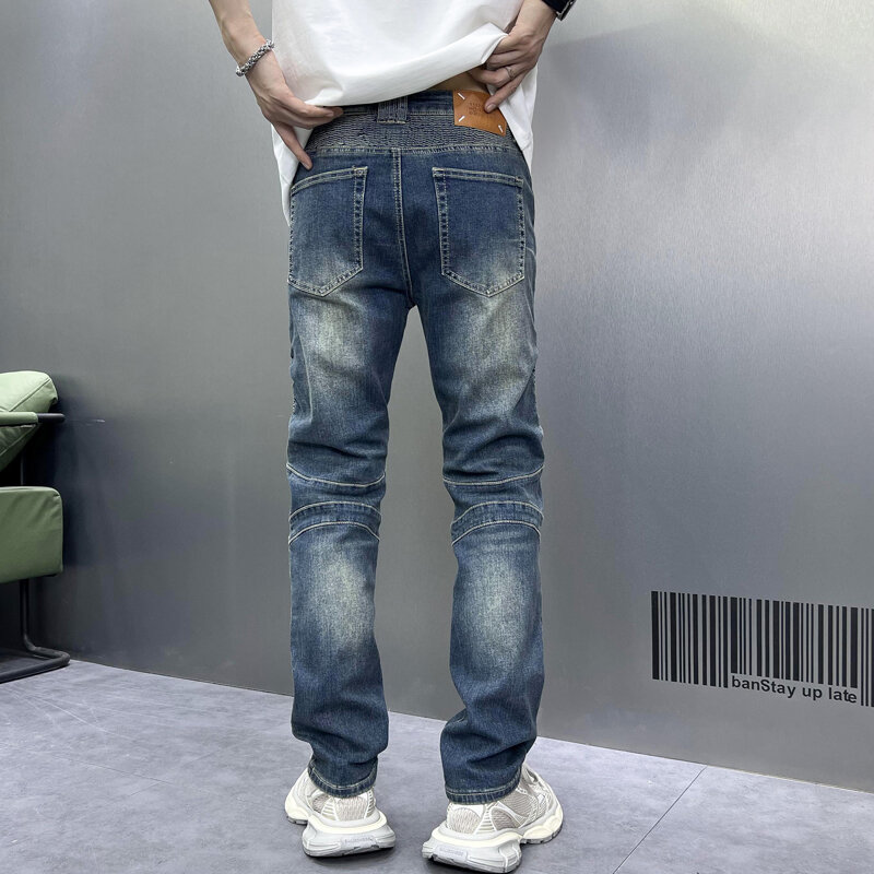 Jeans pengendara sepeda motor retro biru, celana panjang desain lipit perca kasual meregang lurus ramping untuk men2024baru
