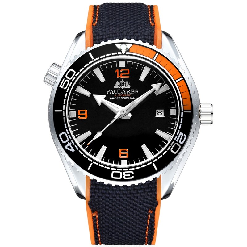 Mannen Automatische Zelf Wind Mechanische Canvas Rubber Strap Oranje Blauw Rood Luxe Horloge