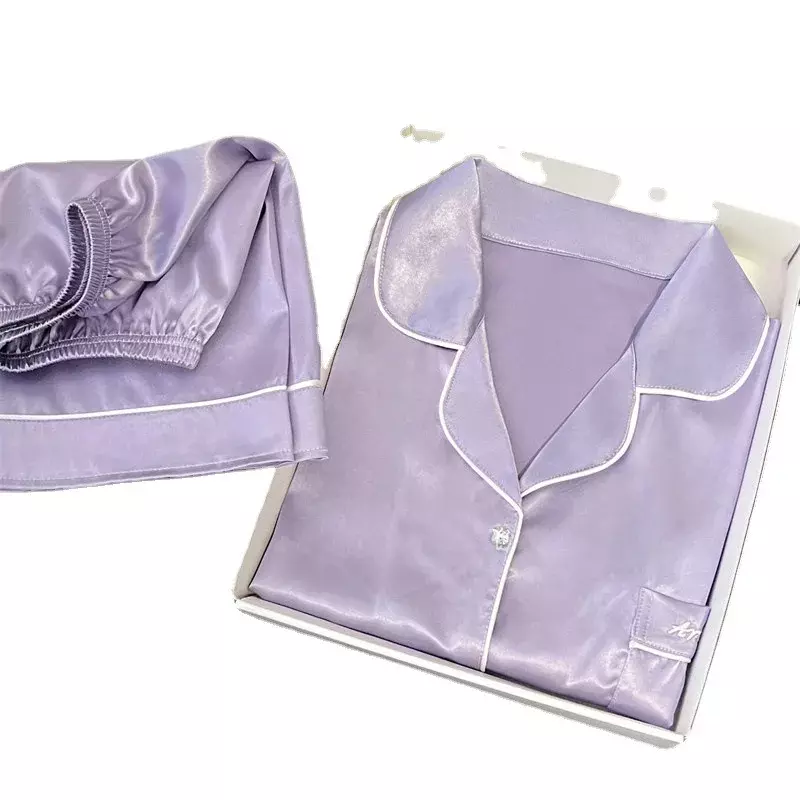 Conjunto de pijamas de manga curta feminino, seda sintética, cetim, botões pijamas para baixo, pijama sólido, roupa de verão, 2 peças