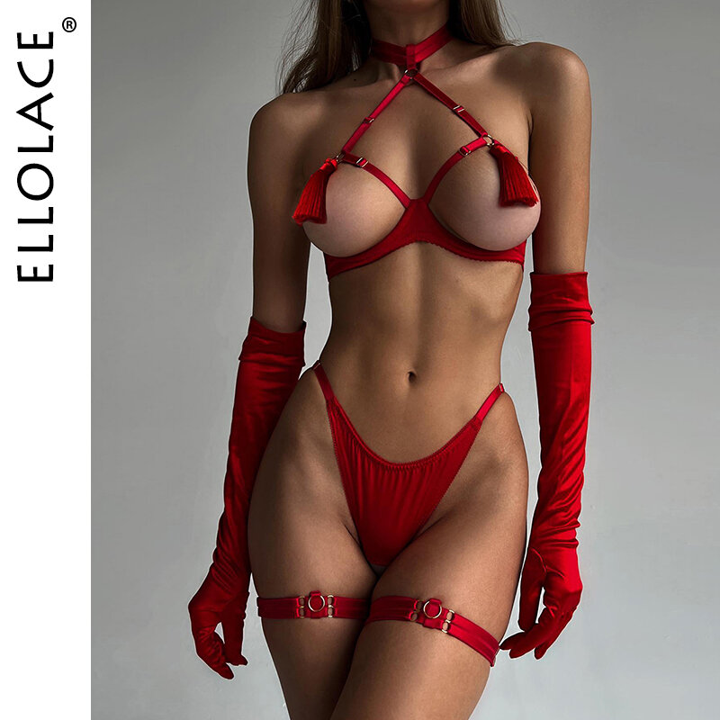 Ellolace-Lencería fetiche Sensual con borlas, Conjunto de sujetador abierto, bragas abiertas, Sexy, íntimas, sin entrepierna, conjuntos exóticos