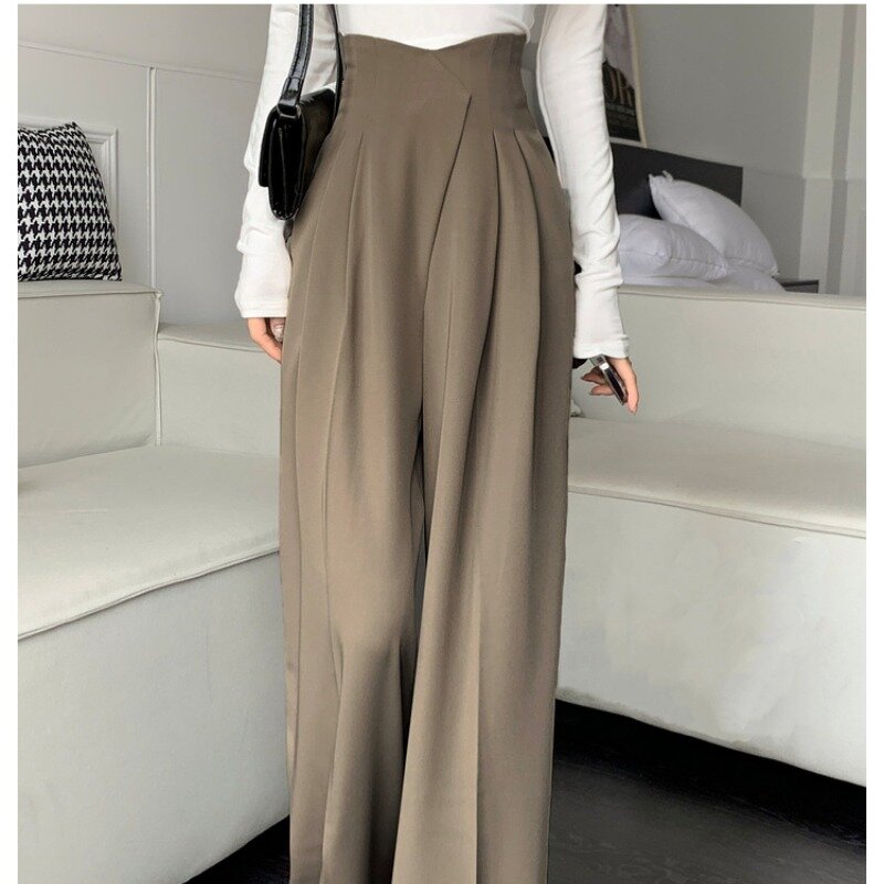 Women's 2024 Spring Summer New Fashionable Formal High Waist Solid Color Panel Ruched Pocket Wide Leg Straight Full Length Pants