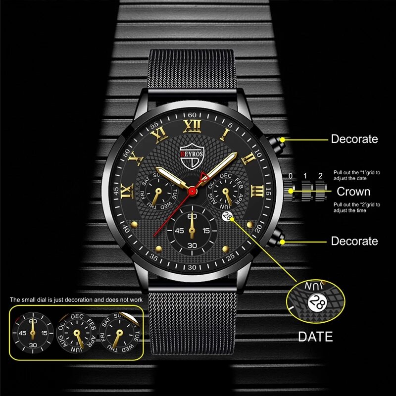 2022 Luxury Fashion Mens Watches Stainless Steel Mesh Belt Quartz Wrist Watch Luminous Clock Men Business Casual Leather Watch