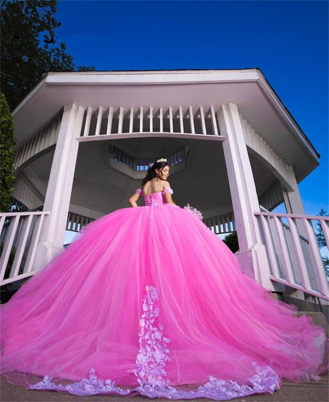 Vestidos De Quinceañera De princesa rosa, Apliques De encaje fucsia, perlas, baile De graduación, dulce 16 Bola, cordones, 15 Años, mexicana
