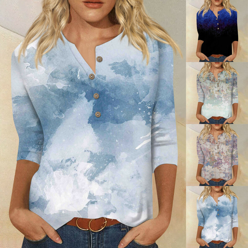 Blusa impressa vegetal elegante para mulheres, camisa com decote em v mangas 3/4, pulôver de algodão, roupas de verão, botão elegante Y2K