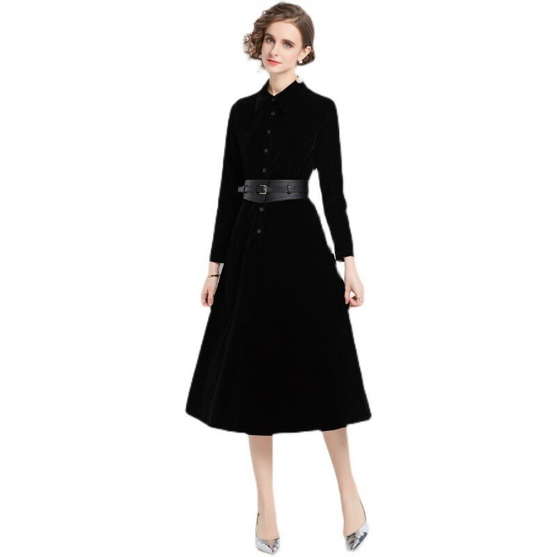 Новинка 2023, шелковое бархатное французское платье с длинным рукавом, женское однотонное простое длинное платье до колена с О-образным вырезом и поясом