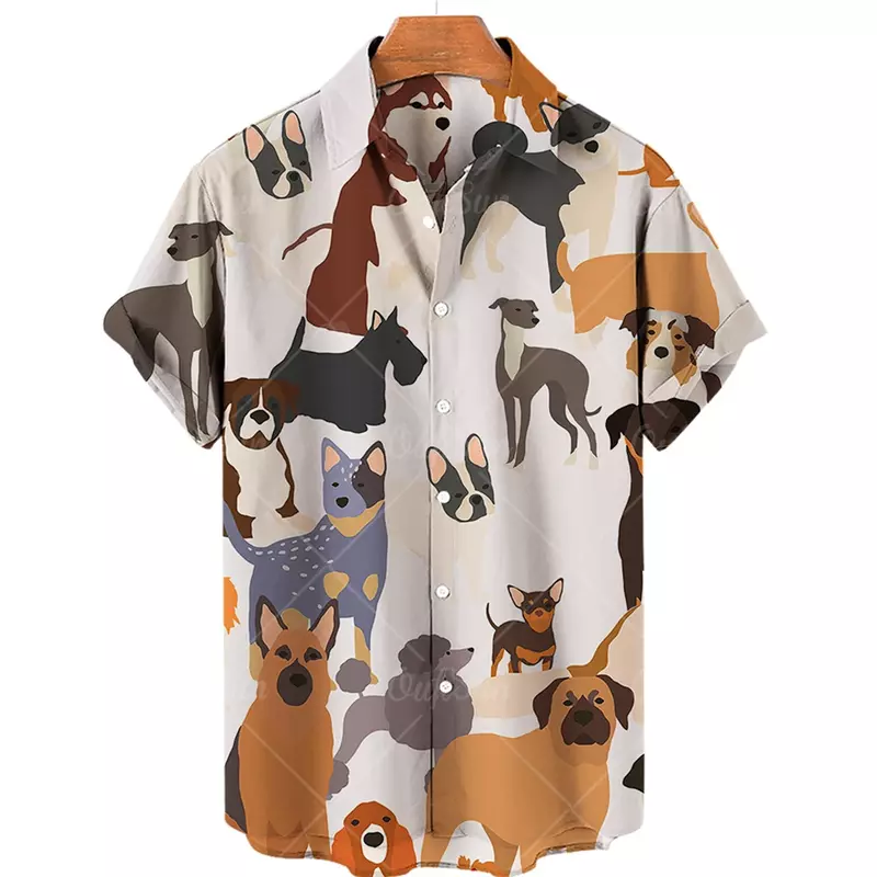 Camisa estampada de leão cão selvagem masculina, estampa de cachorro bonito, camisa de manga curta, top aberto masculino de lapela, tecido confortável