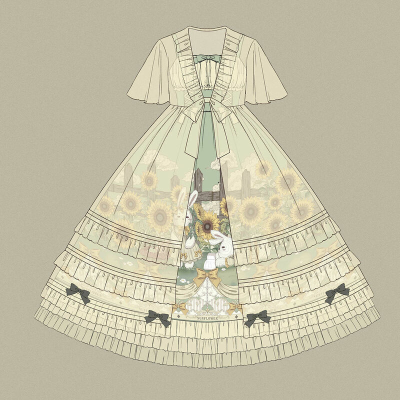Japoński słodki Kawaii Jsk sukienka Lolita kobiety Vintage wiktoriański słonecznik historia Jsk Cartoon lato łuk świeże spotkanie przy herbacie sukienki