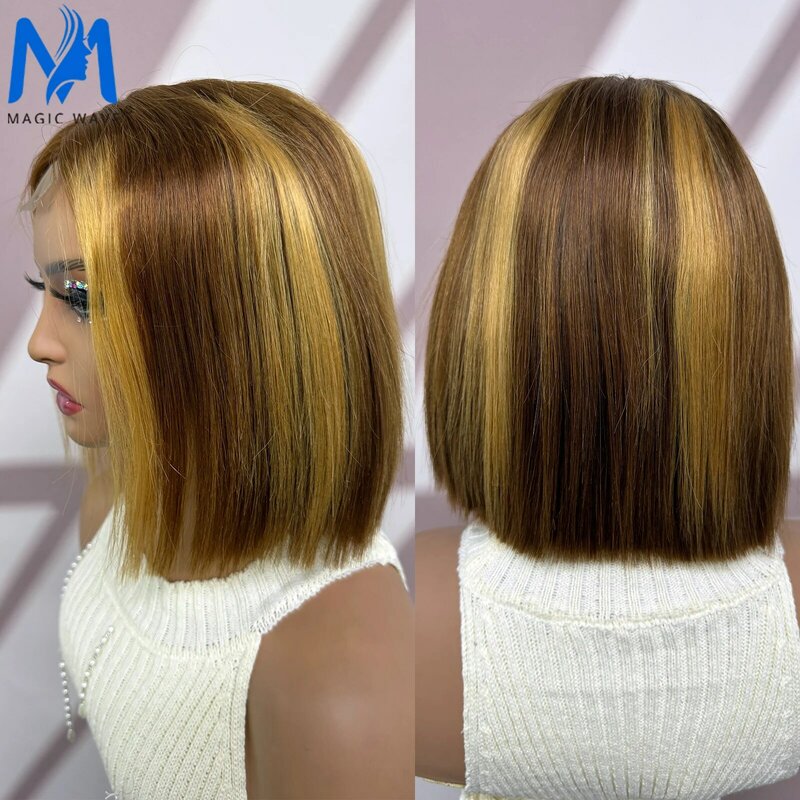 Peluca de cabello humano liso con cierre de encaje para mujer, cabello virgen brasileño predespuntado, 4/27 marrón Hightlight Bob, 2x6