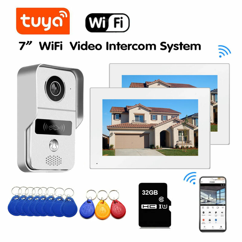 ワイヤレスビデオインターホン,ヴィラとアパート用,RFIDアクセス制御システム,Tuyaスマートホーム,wifi,ビデオドア,1080p,7インチ