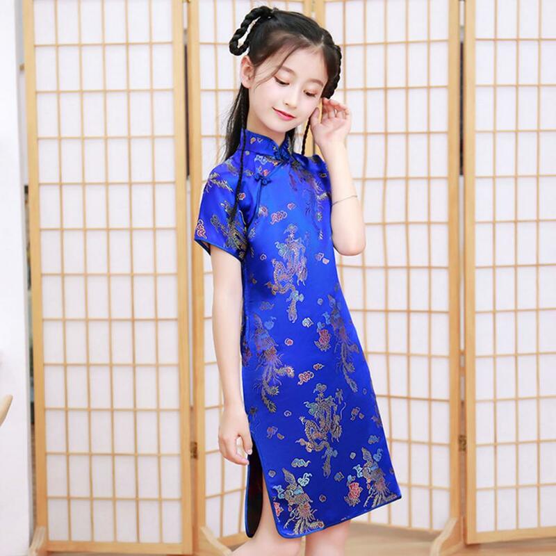 Gaun anak perempuan anak-anak, Cheongsams Hanfu ketat cetak Phoenix gaun balita musim panas kostum tradisional Cina gaun putri Satin